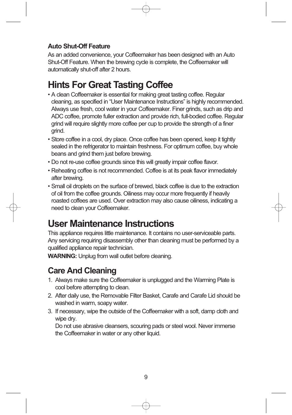 Hints for great tasting coffee, User maintenance instructions, Care and cleaning | Toastmaster ME12DPB User Manual | Page 10 / 12