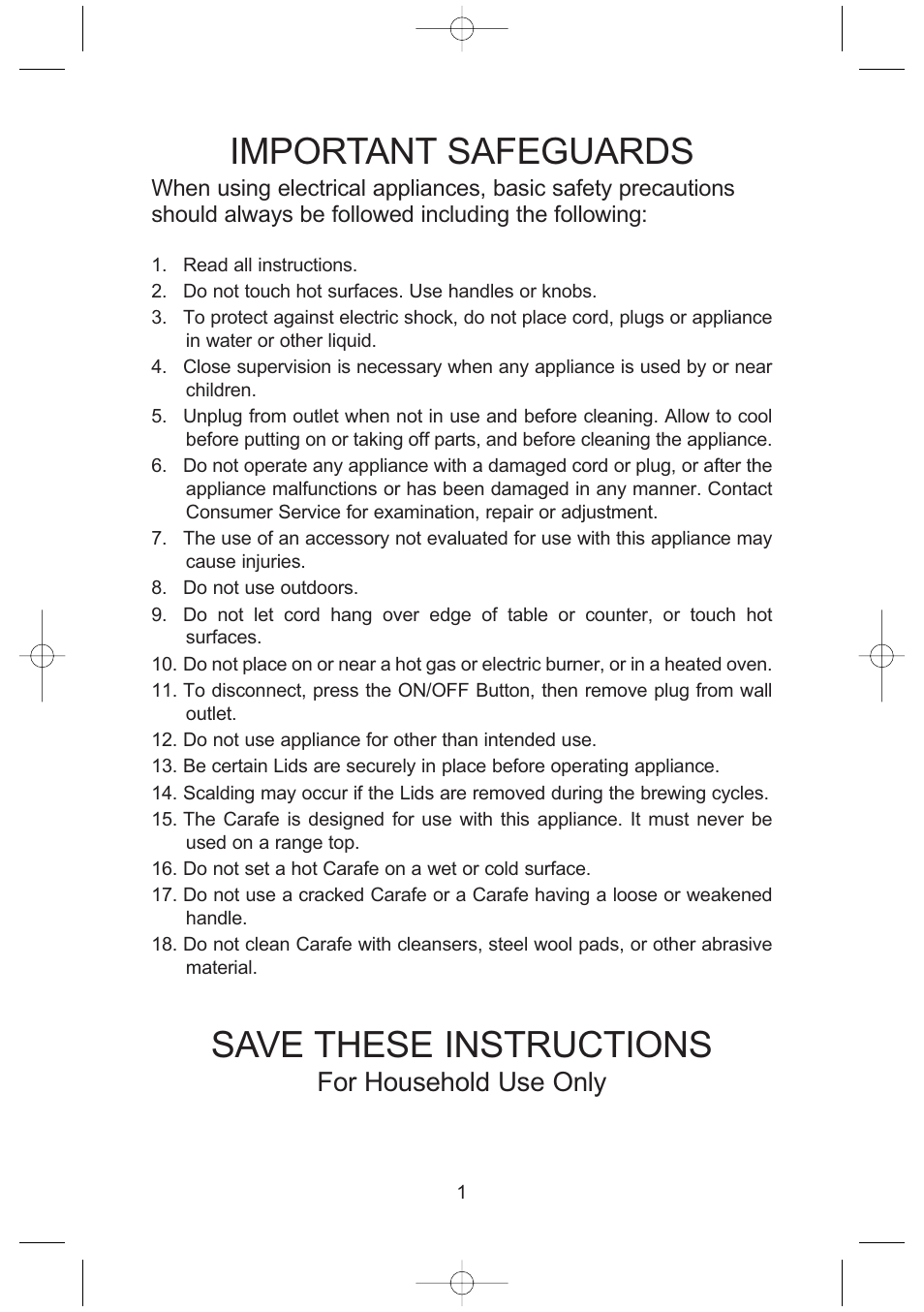 Important safeguards, Save these instructions, For household use only | Toastmaster ME12DPB User Manual | Page 2 / 12