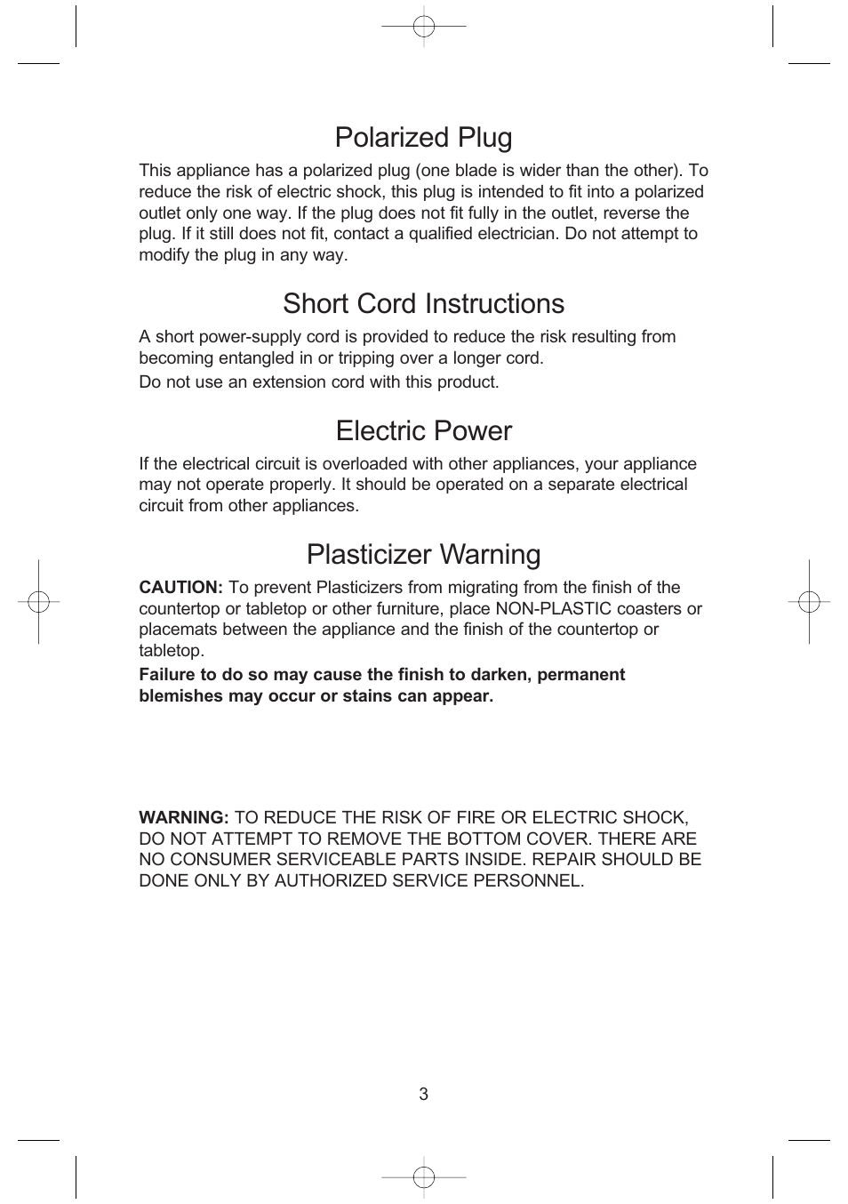 Polarized plug, Short cord instructions, Electric power | Plasticizer warning | Toastmaster ME12DPB User Manual | Page 4 / 12