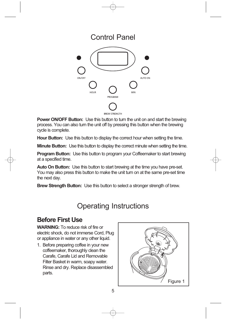 Control panel, Operating instructions, Before first use | Toastmaster ME12DPB User Manual | Page 6 / 12