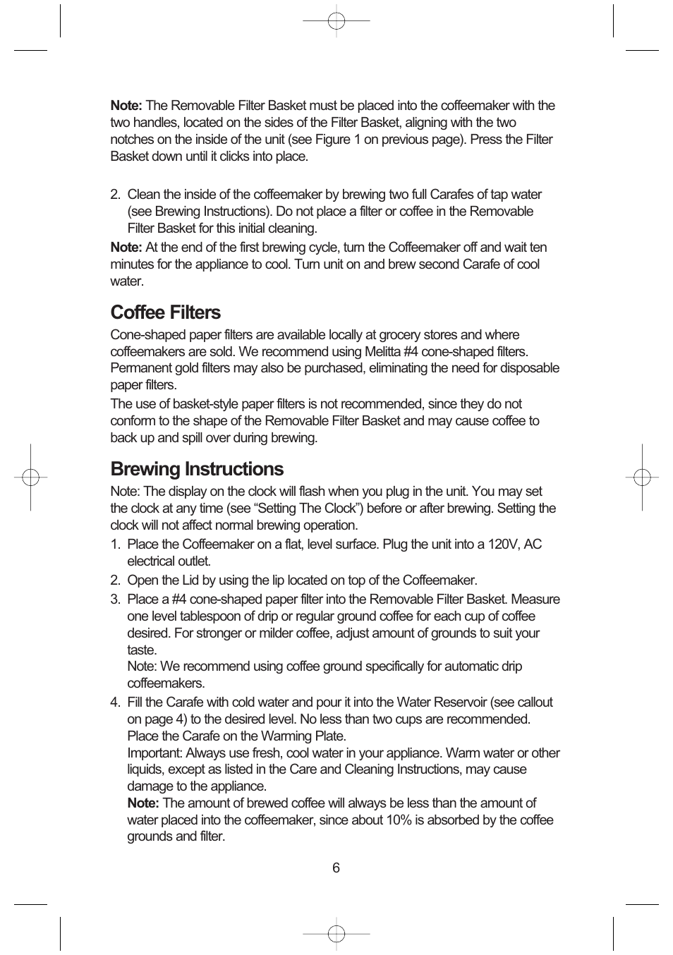 Coffee filters, Brewing instructions | Toastmaster ME12DPB User Manual | Page 7 / 12