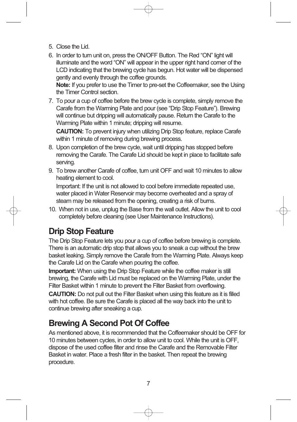 Drip stop feature, Brewing a second pot of coffee | Toastmaster ME12DPB User Manual | Page 8 / 12