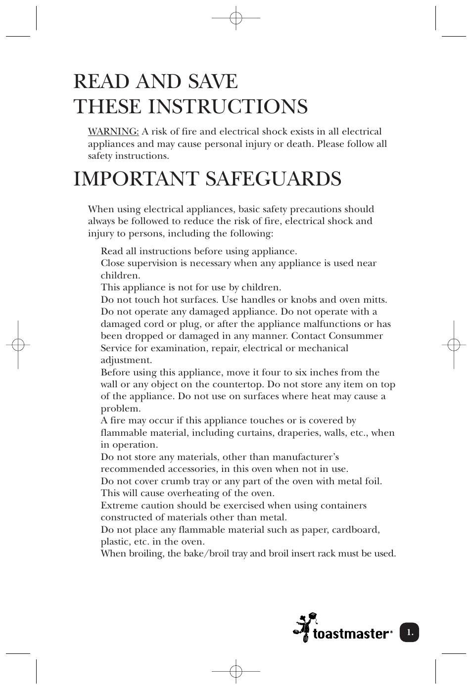 Read and save these instructions, Important safeguards | Toastmaster 357SCAN User Manual | Page 2 / 15