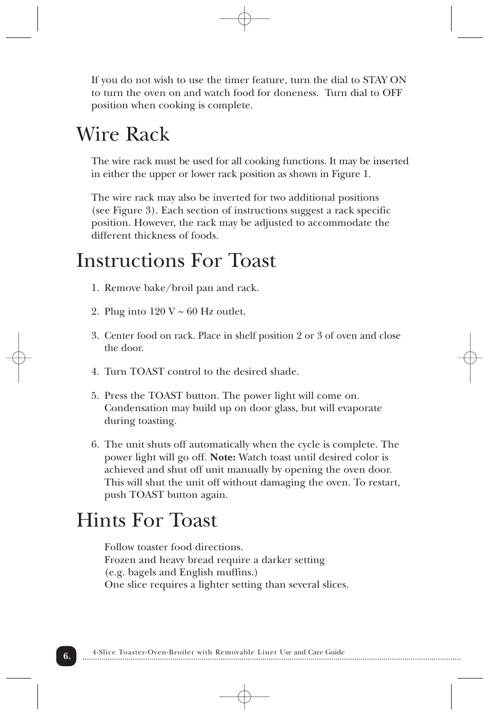 Wire rack, Instructions for toast, Hints for toast | Toastmaster 357SCAN User Manual | Page 7 / 15
