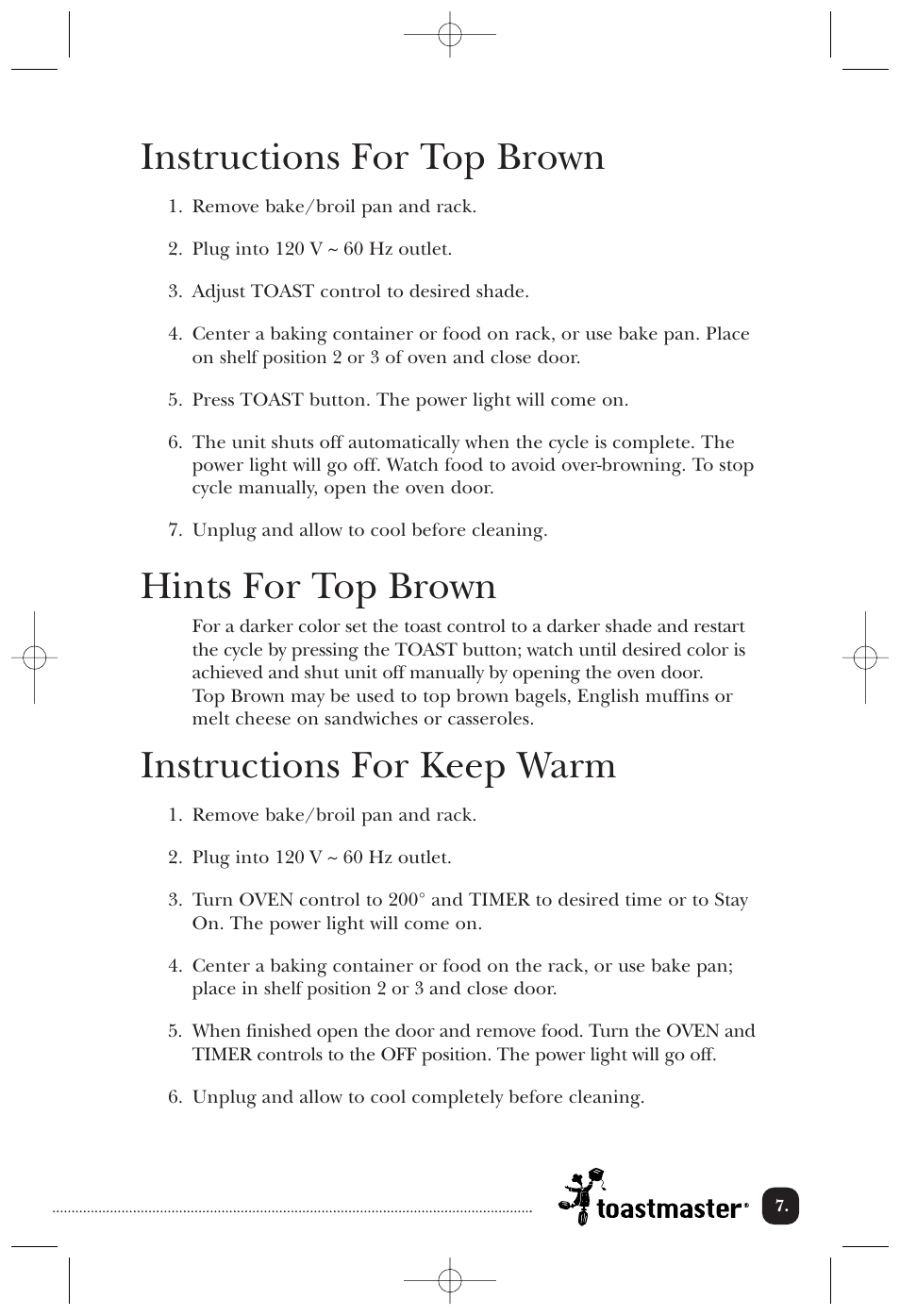 Instructions for top brown, Hints for top brown, Instructions for keep warm | Toastmaster 357SCAN User Manual | Page 8 / 15