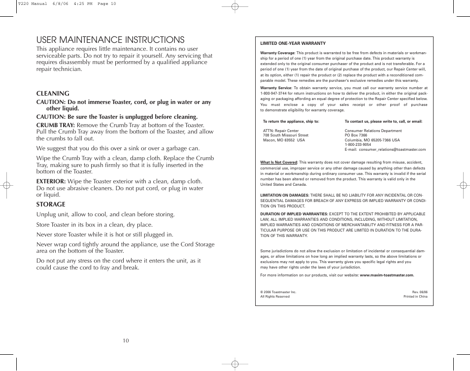 User maintenance instructions, Cleaning, Storage | Toastmaster T220 User Manual | Page 11 / 12