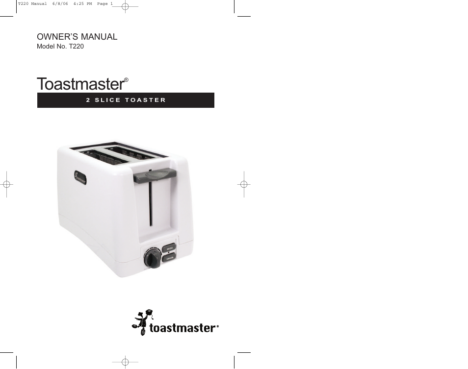 Toastmaster | Toastmaster T220 User Manual | Page 12 / 12