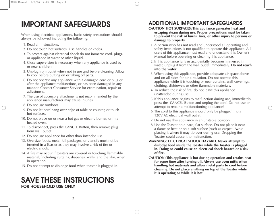 Important safeguards, Save these instructions, Additional important safeguards | Toastmaster T220 User Manual | Page 2 / 12