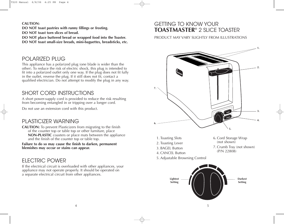 Toastmaster, Polarized plug, Short cord instructions | Plasticizer warning, Electric power, Getting to know your, 2 slice toaster | Toastmaster T220 User Manual | Page 4 / 12