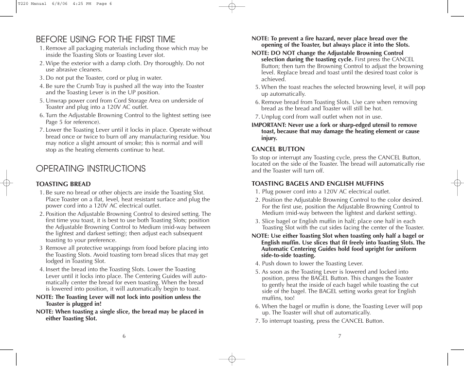 Before using for the first time, Operating instructions | Toastmaster T220 User Manual | Page 7 / 12