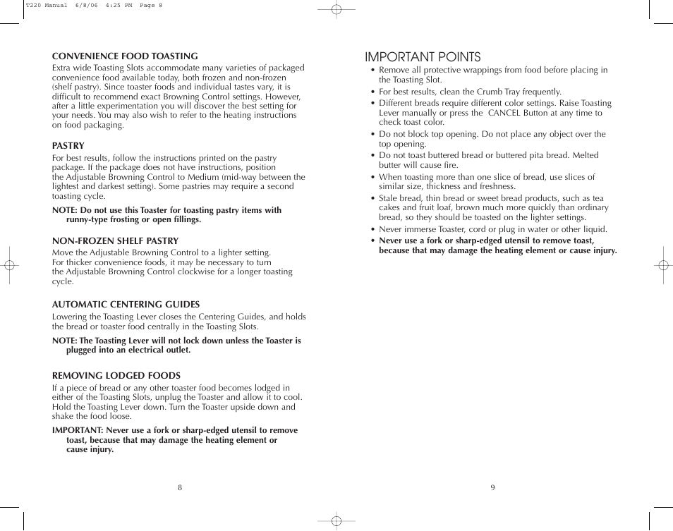 Important points | Toastmaster T220 User Manual | Page 8 / 12