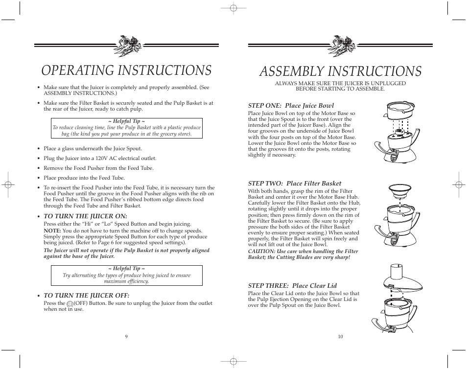 Assembly instructions, Operating instructions | Toastmaster JM502 User Manual | Page 11 / 20