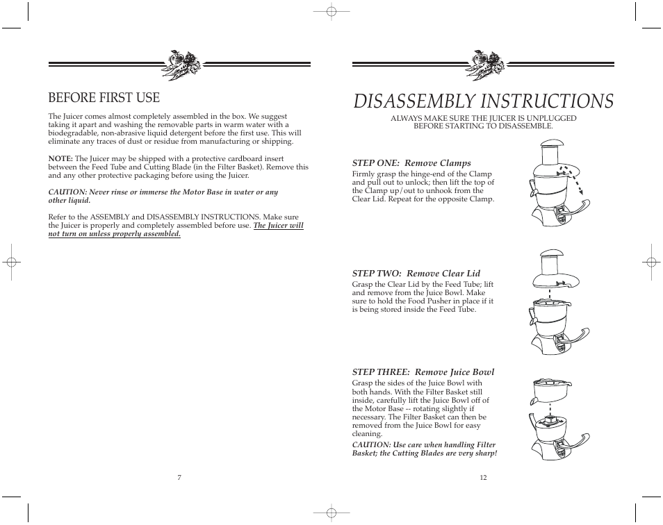 Disassembly instructions, Before first use | Toastmaster JM502 User Manual | Page 13 / 20