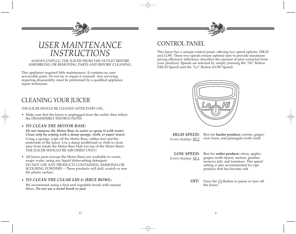 User maintenance instructions, Cleaning your juicer, Control panel | Toastmaster JM502 User Manual | Page 14 / 20