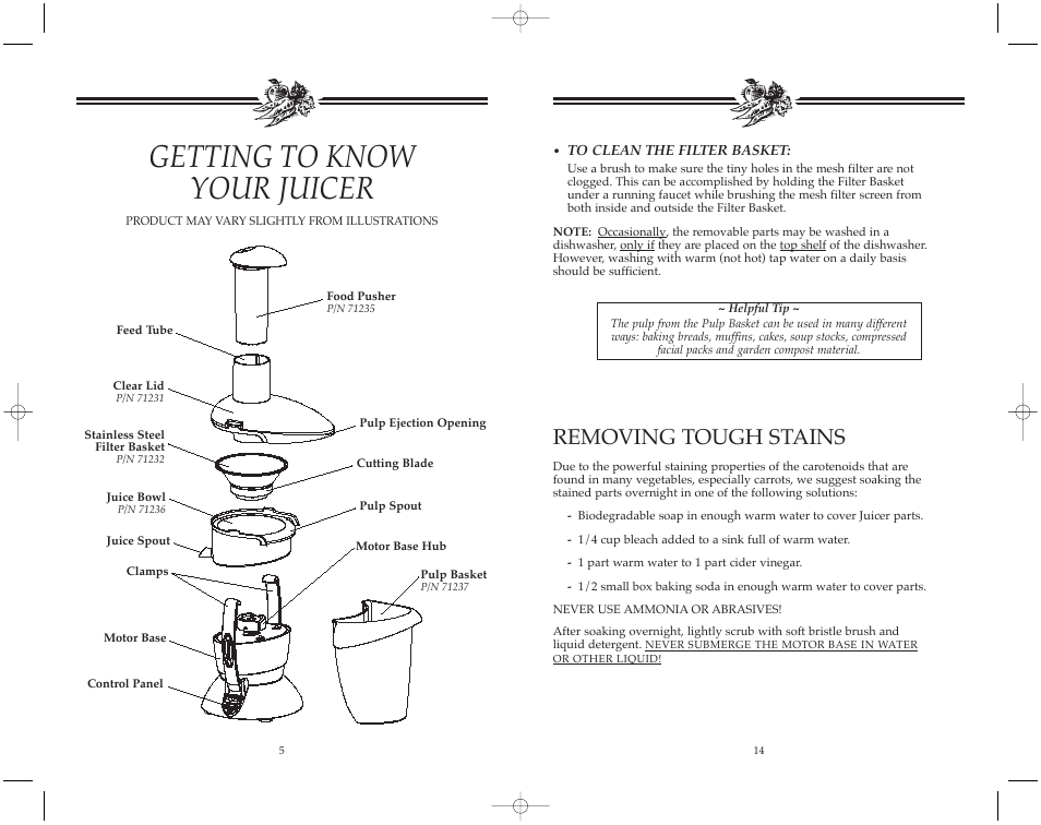 Getting to know your juicer, Removing tough stains | Toastmaster JM502 User Manual | Page 15 / 20