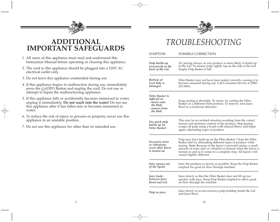 Troubleshooting, Additional important safeguards | Toastmaster JM502 User Manual | Page 17 / 20