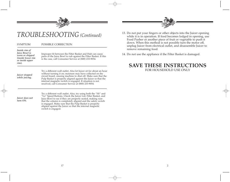 Troubleshooting, Save these instructions, Continued) | Toastmaster JM502 User Manual | Page 18 / 20