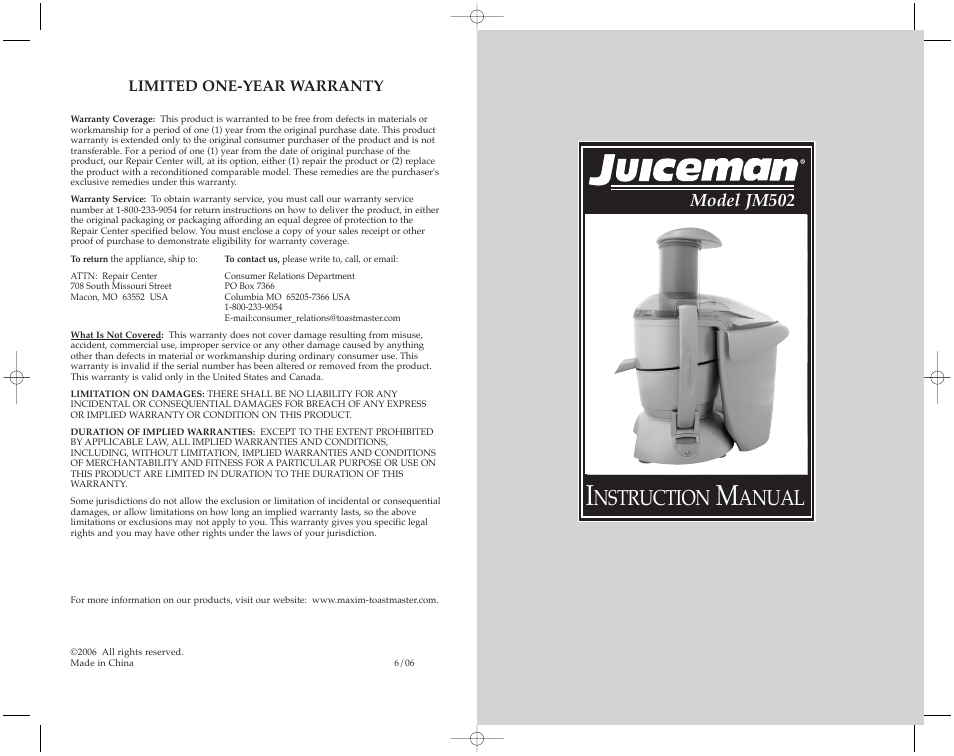 Nstruction, Anual, Model jm502 | Toastmaster JM502 User Manual | Page 20 / 20