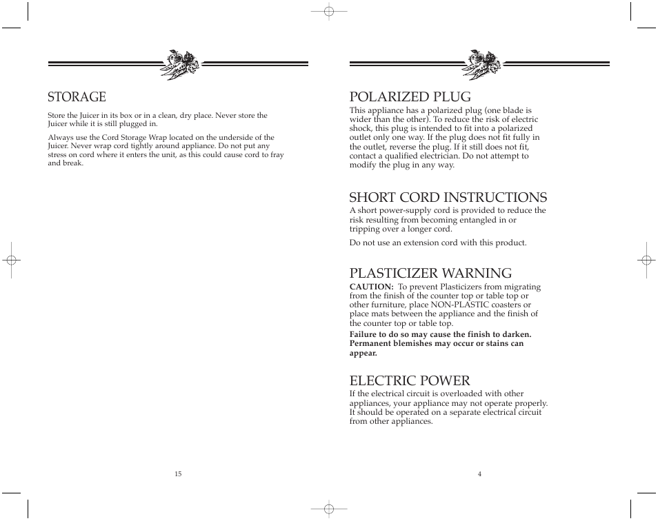 Storage, Polarized plug, Short cord instructions | Plasticizer warning, Electric power | Toastmaster JM502 User Manual | Page 5 / 20