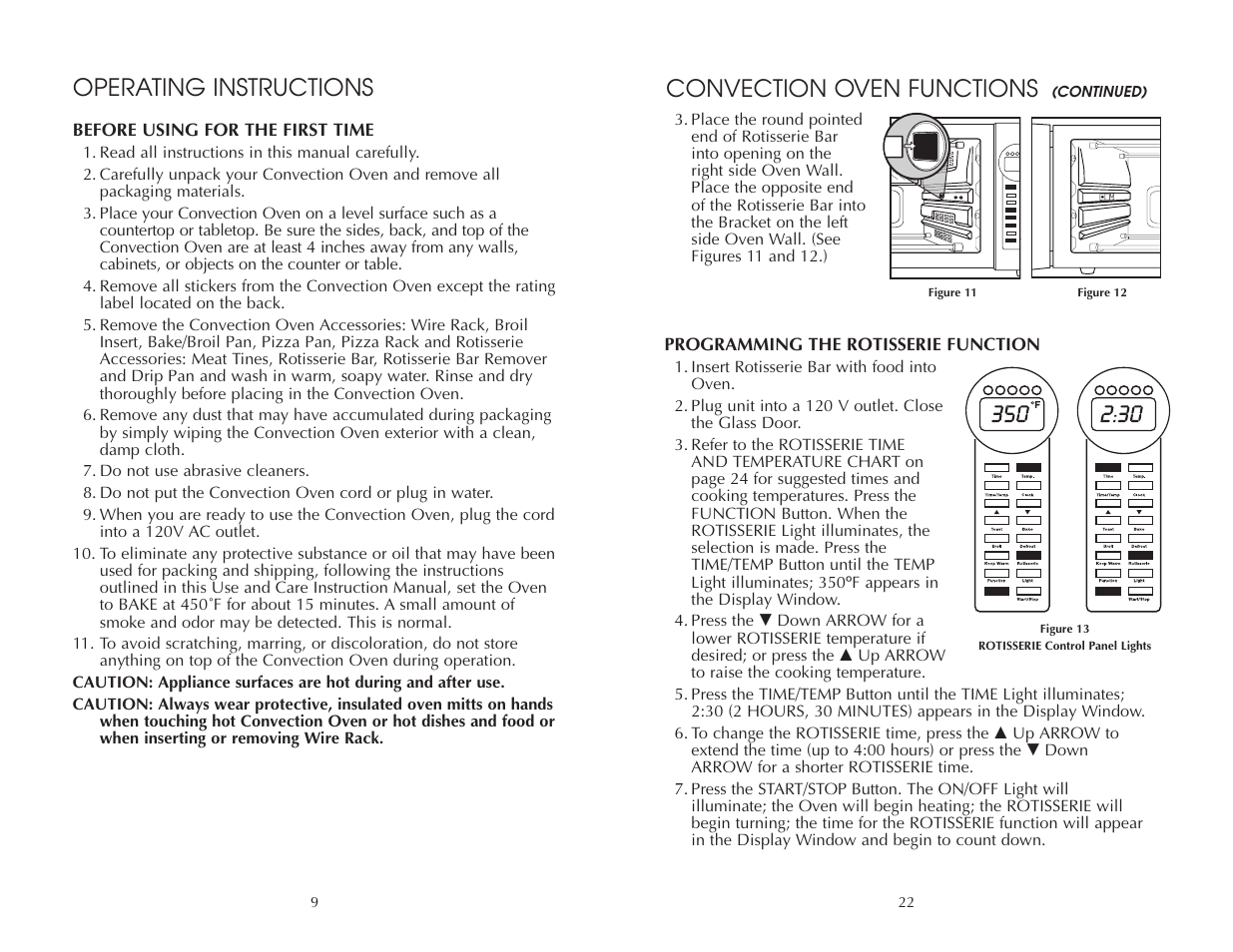 Convection oven functions, Operating instructions | Toastmaster FAC900R User Manual | Page 10 / 32