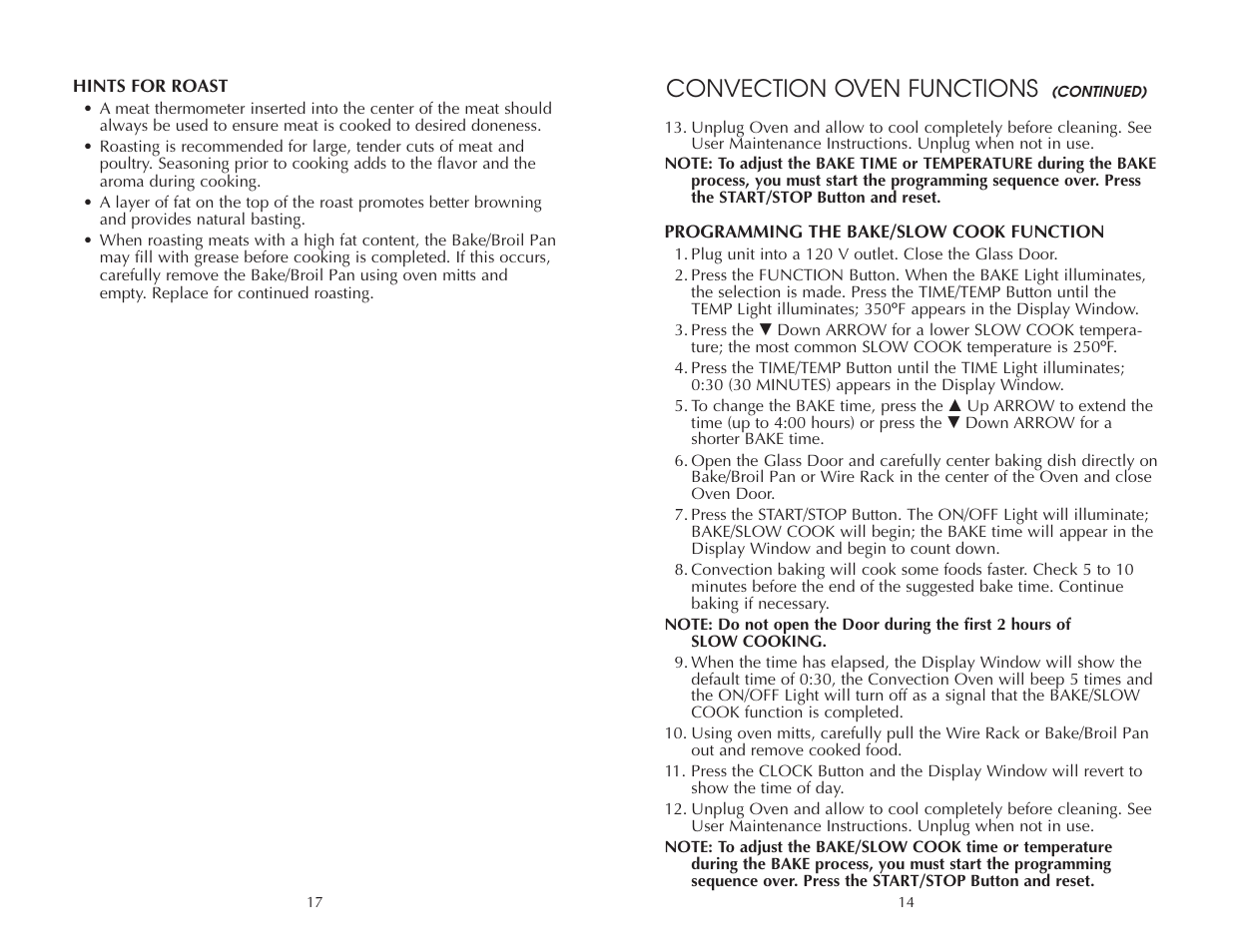 Convection oven functions | Toastmaster FAC900R User Manual | Page 15 / 32