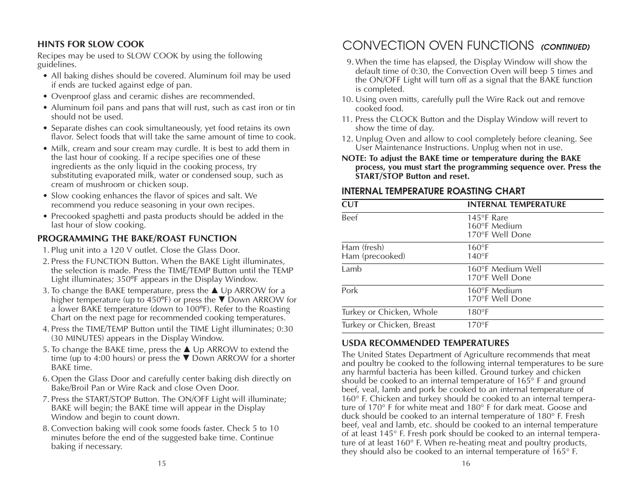 Convection oven functions | Toastmaster FAC900R User Manual | Page 16 / 32