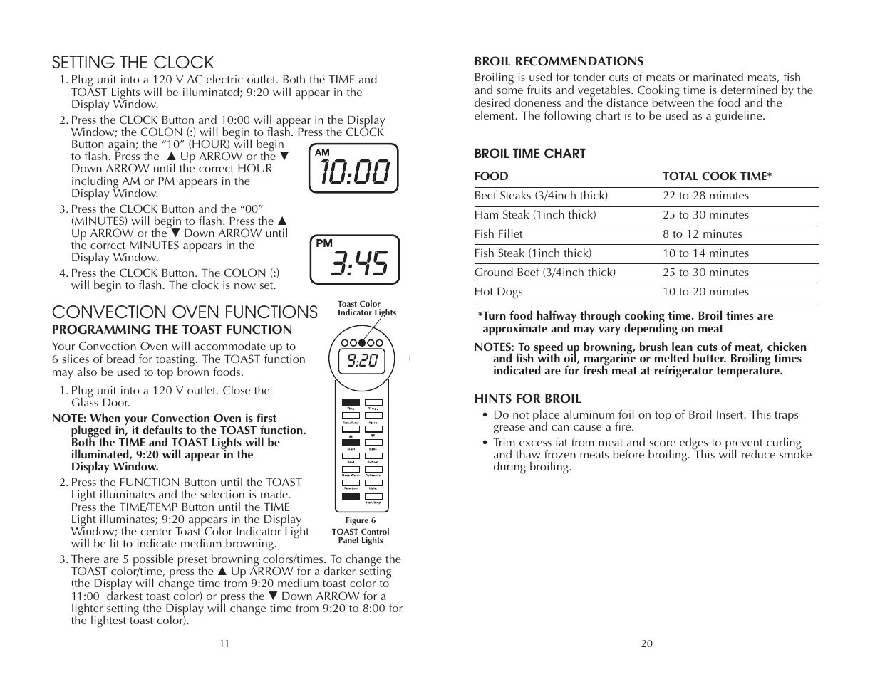 Setting the clock, Convection oven functions | Toastmaster FAC900R User Manual | Page 21 / 32