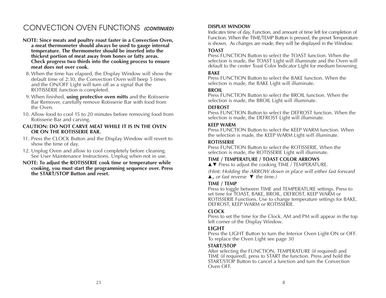 Convection oven functions | Toastmaster FAC900R User Manual | Page 24 / 32