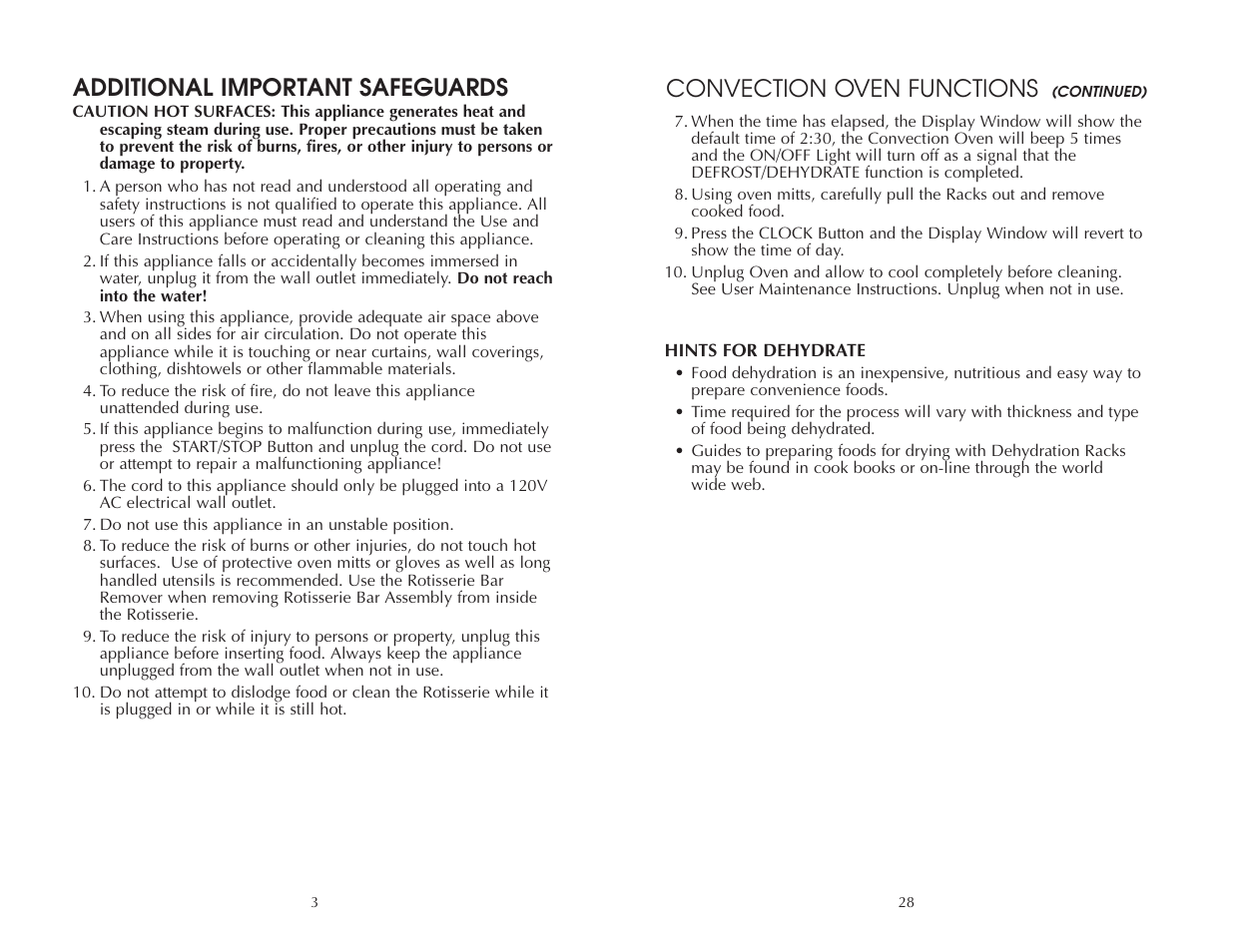 Convection oven functions, Additional important safeguards | Toastmaster FAC900R User Manual | Page 29 / 32