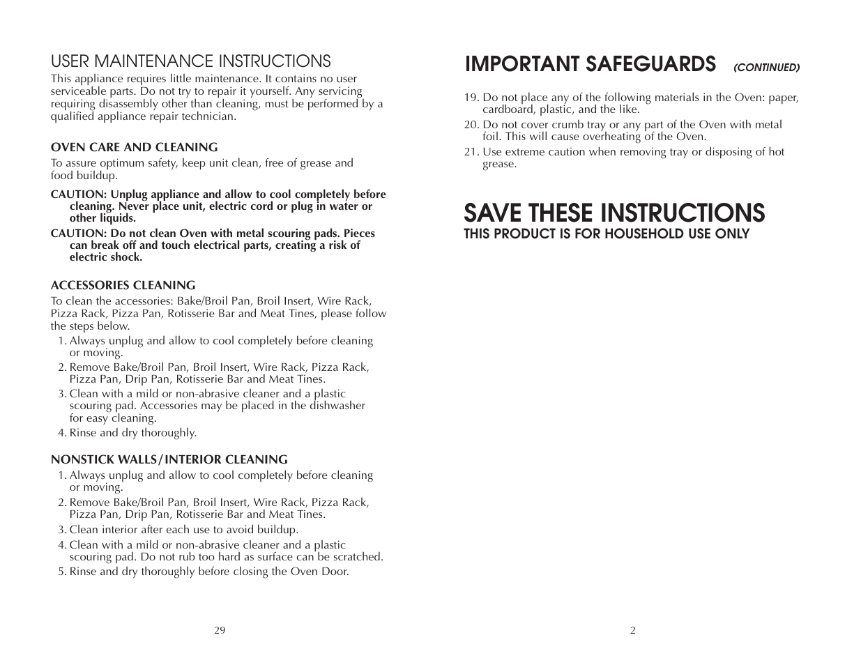 Save these instructions, Important safeguards, User maintenance instructions | Toastmaster FAC900R User Manual | Page 3 / 32