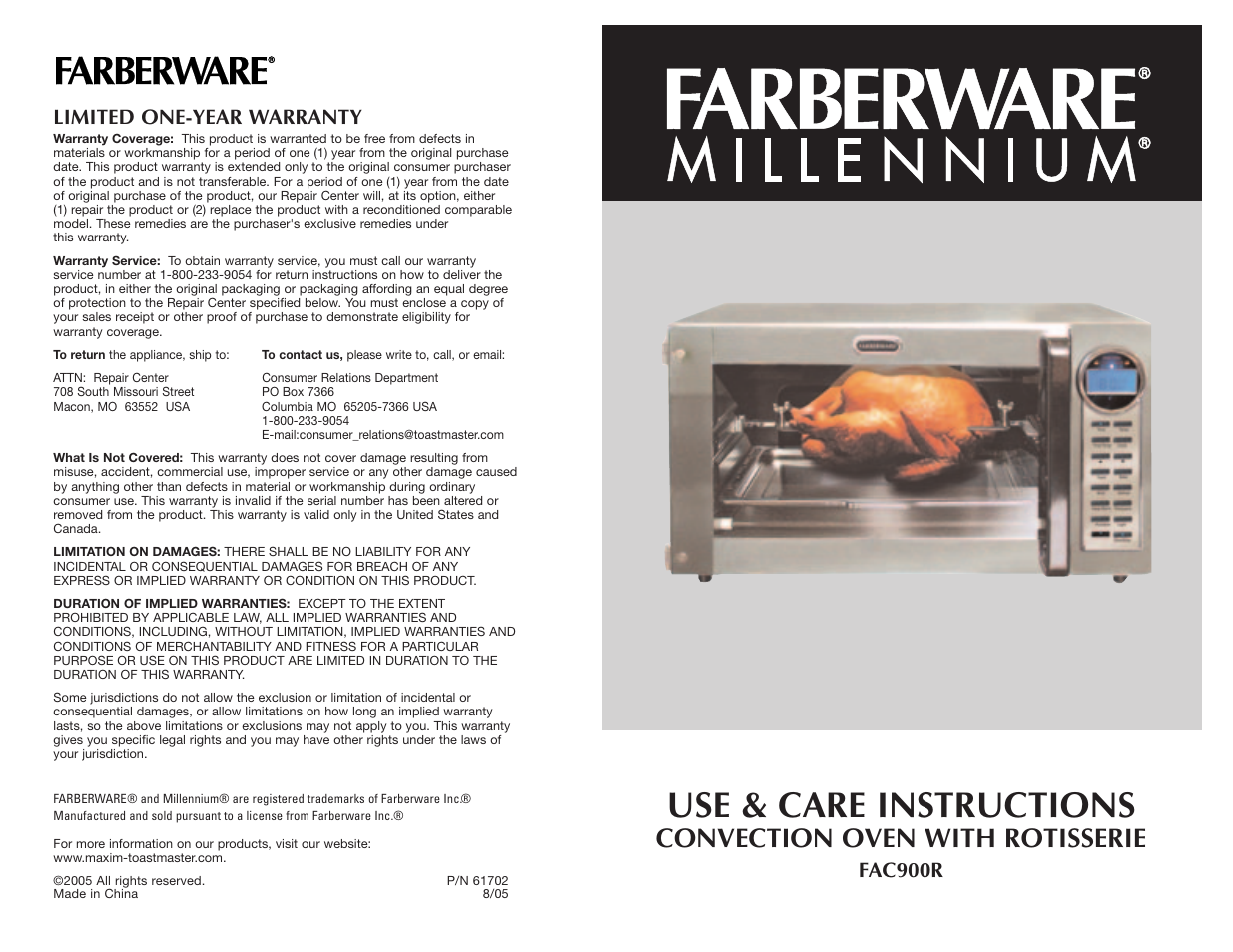 Use & care instructions, Convection oven with rotisserie, Fac900r limited one-year warranty | Toastmaster FAC900R User Manual | Page 32 / 32