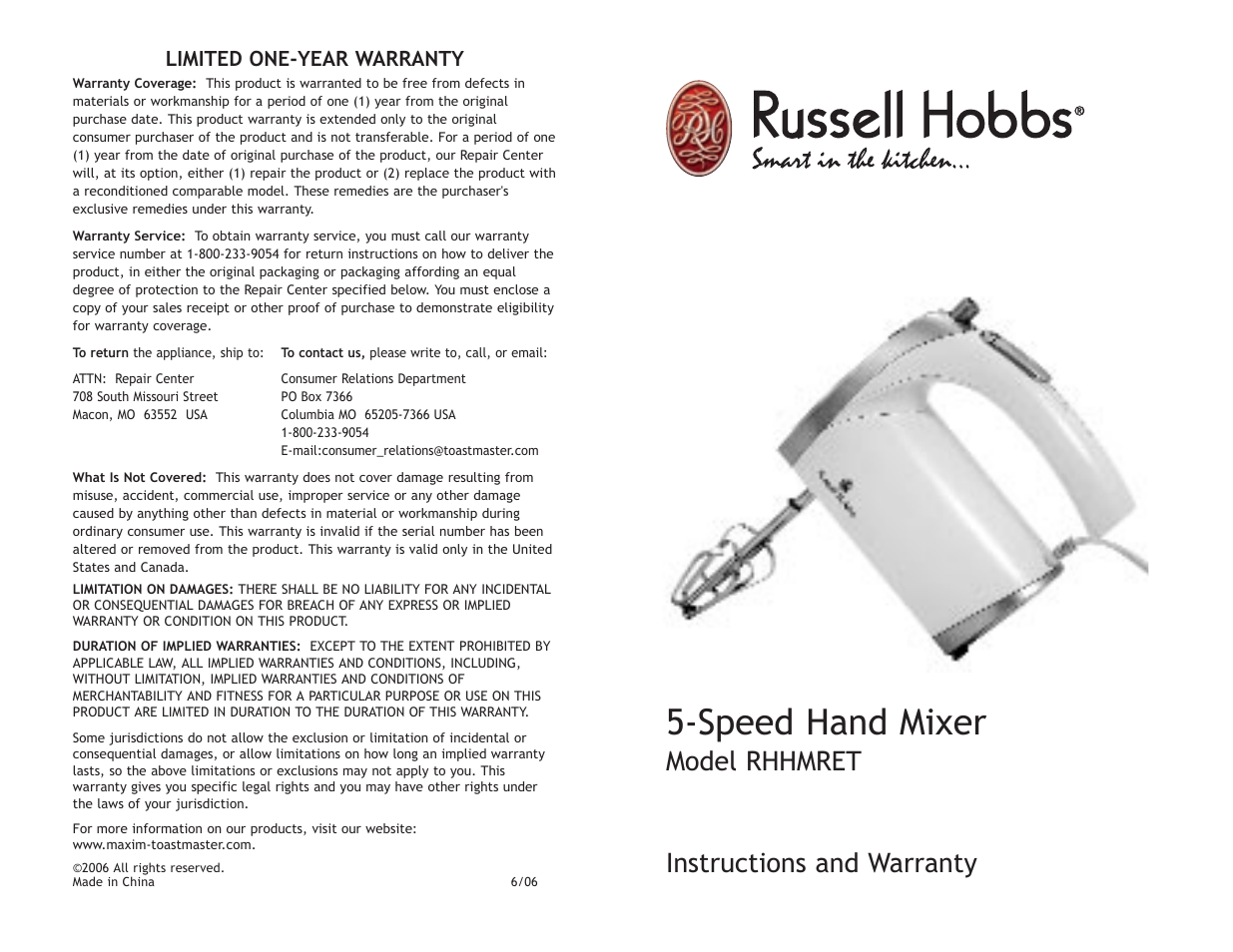 Speed hand mixer, Instructions and warranty, Model rhhmret | Limited one-year warranty | Toastmaster RHHMRET User Manual | Page 8 / 8
