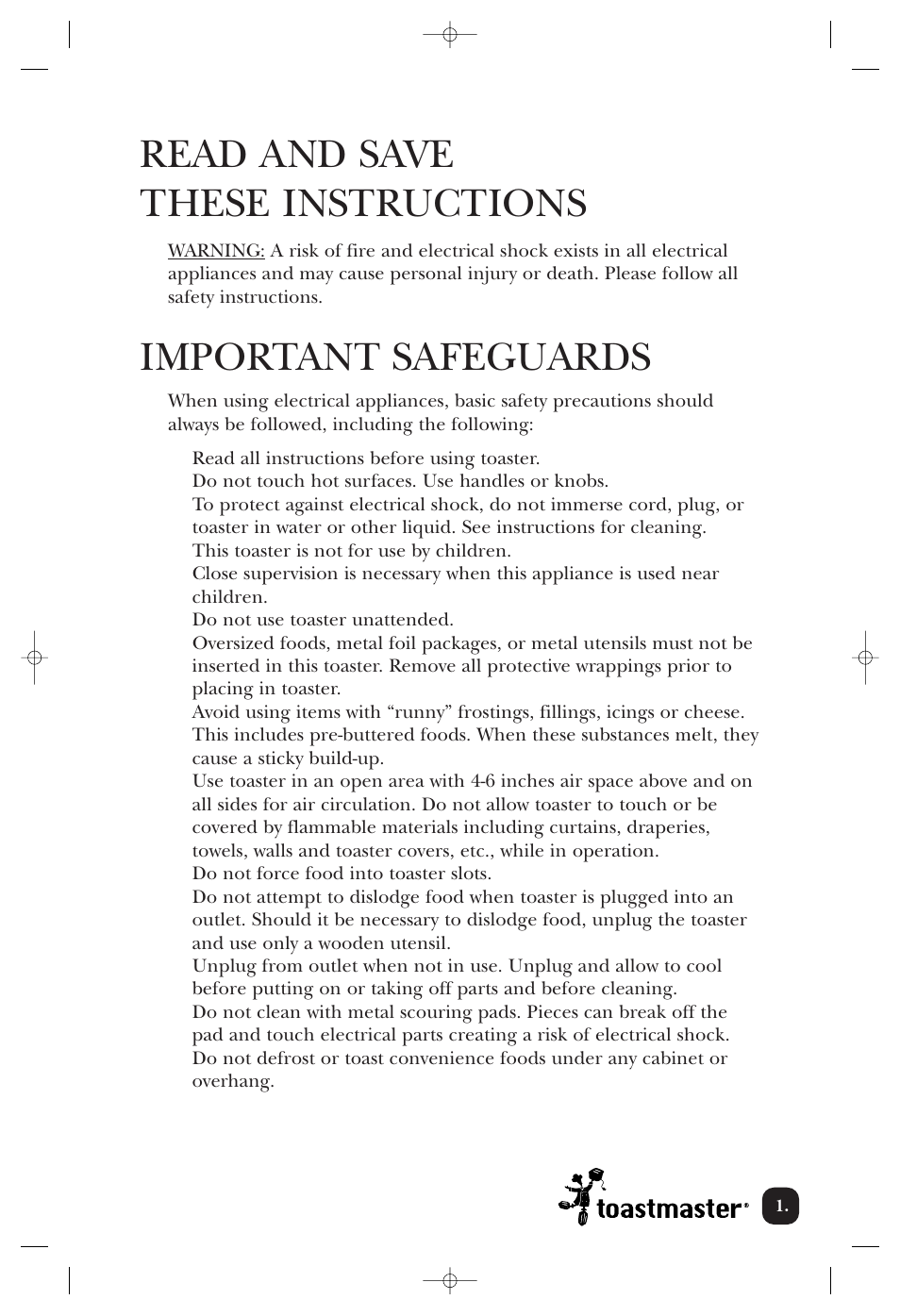 Read and save these instructions, Important safeguards | Toastmaster T2041W User Manual | Page 2 / 9