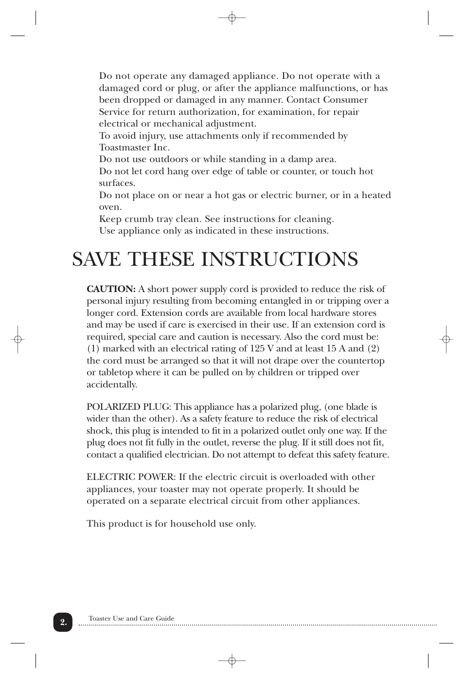 Save these instructions | Toastmaster T2041W User Manual | Page 3 / 9