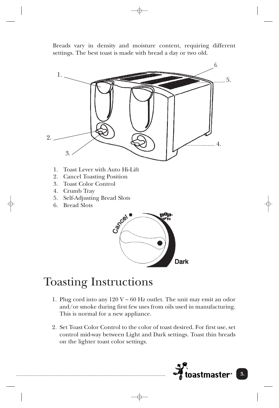 Toasting instructions | Toastmaster T2041W User Manual | Page 4 / 9