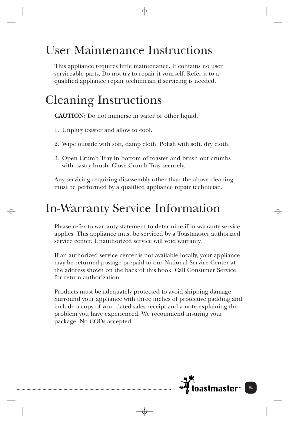 User maintenance instructions, Cleaning instructions, In-warranty service information | Toastmaster T2041W User Manual | Page 6 / 9