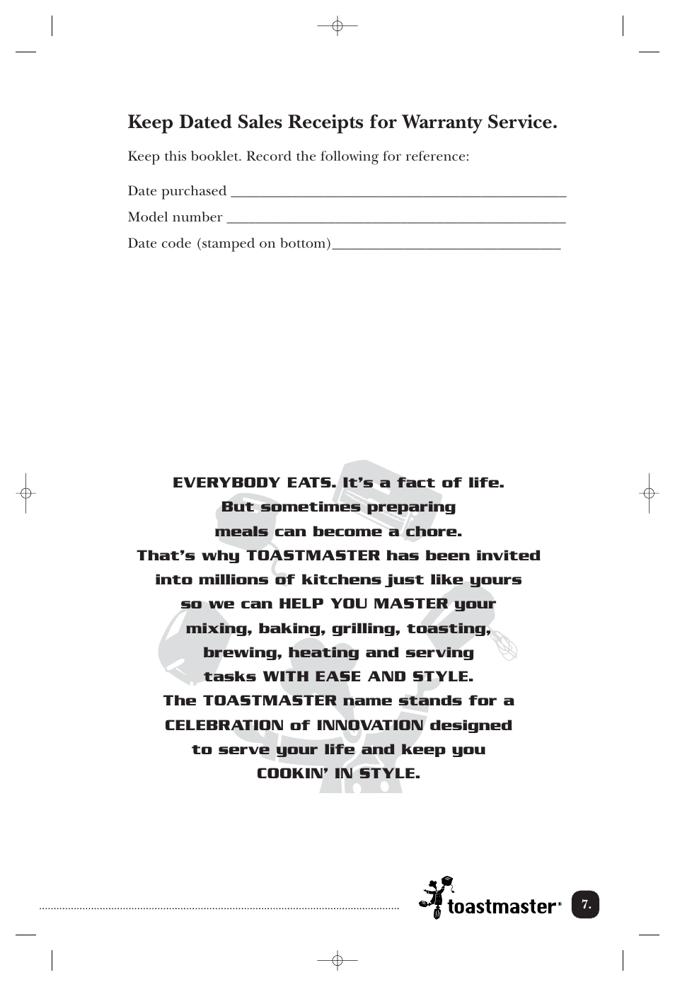 Keep dated sales receipts for warranty service | Toastmaster T2041W User Manual | Page 8 / 9