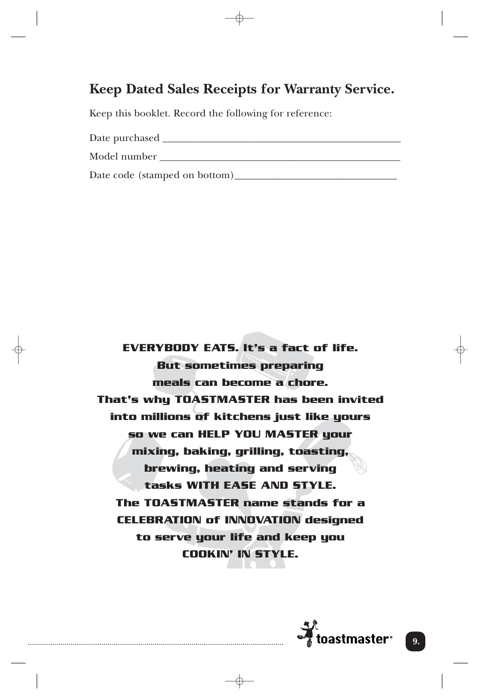 Keep dated sales receipts for warranty service | Toastmaster 3302CAN User Manual | Page 10 / 11