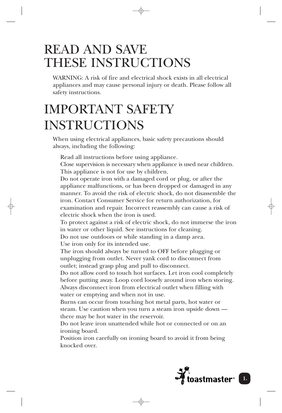 Read and save these instructions, Important safety instructions | Toastmaster 3302CAN User Manual | Page 2 / 11