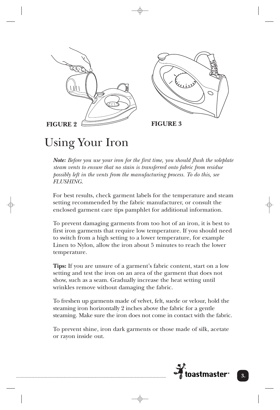 Using your iron, Figure 2 figure 3 | Toastmaster 3302CAN User Manual | Page 4 / 11