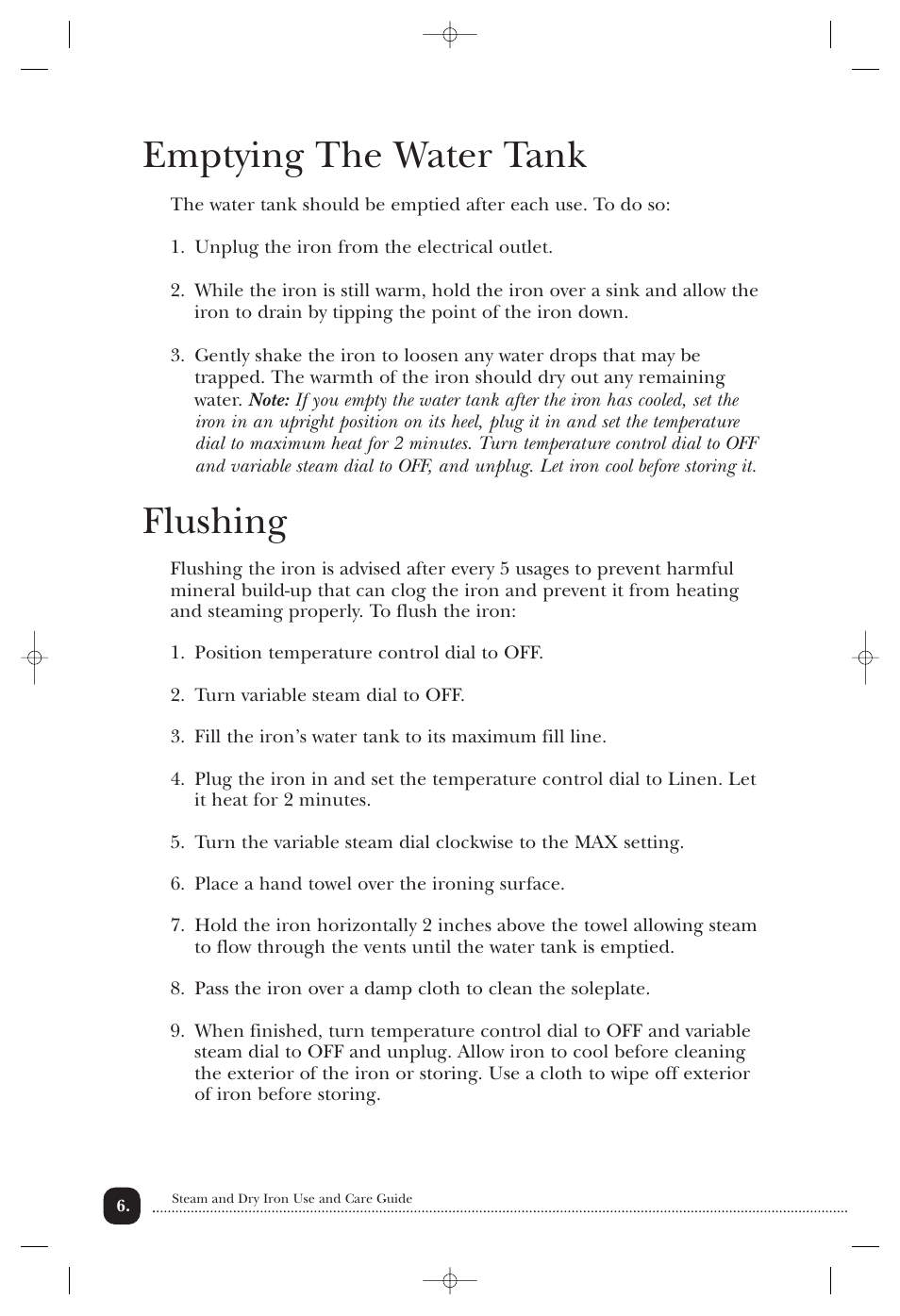 Emptying the water tank, Flushing | Toastmaster 3302CAN User Manual | Page 7 / 11