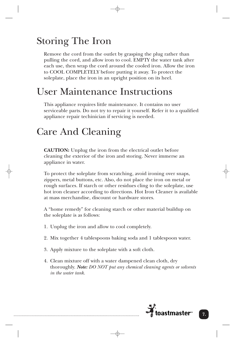 Storing the iron, User maintenance instructions, Care and cleaning | Toastmaster 3302CAN User Manual | Page 8 / 11