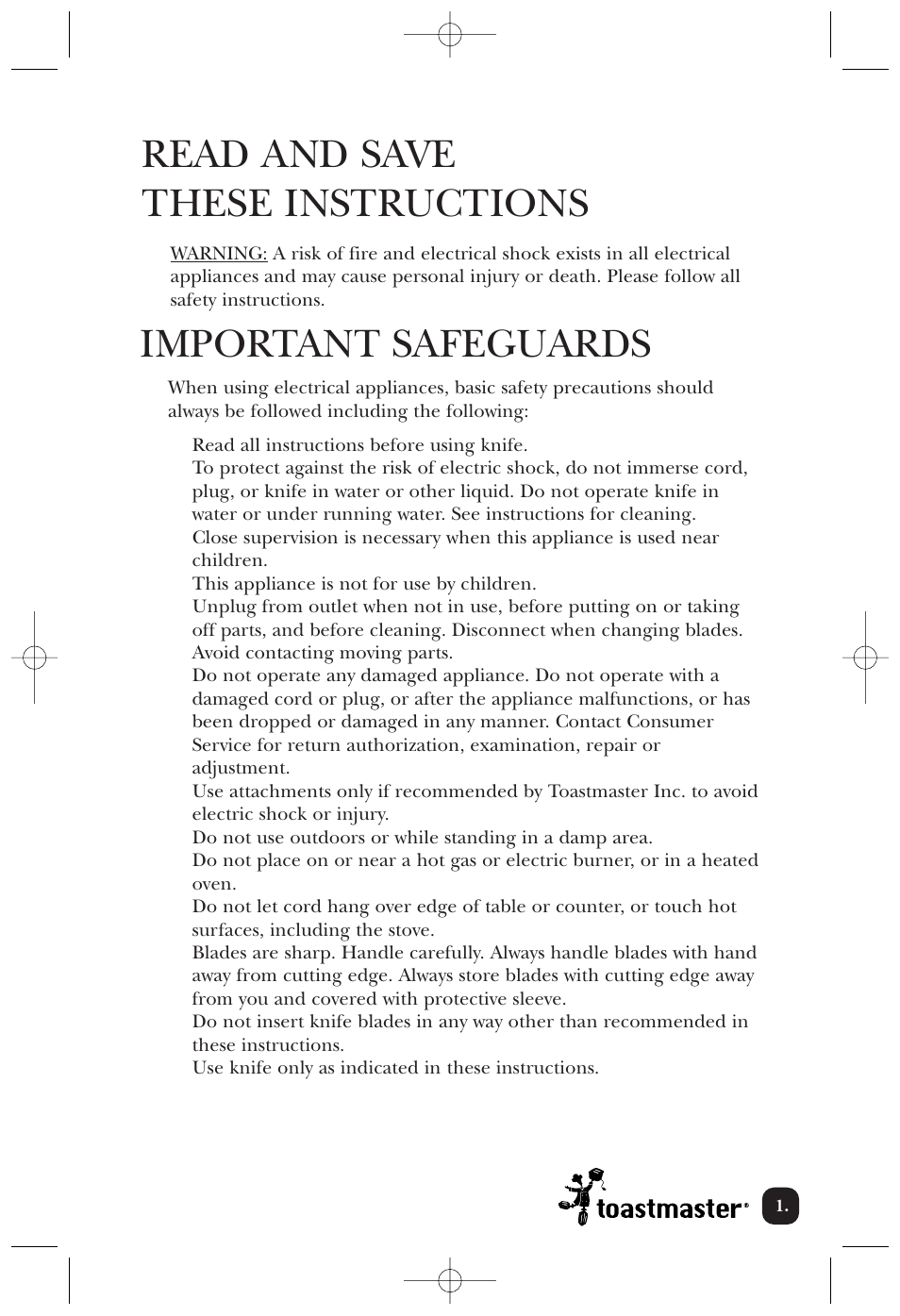 Read and save these instructions, Important safeguards | Toastmaster 6102CAN User Manual | Page 2 / 7