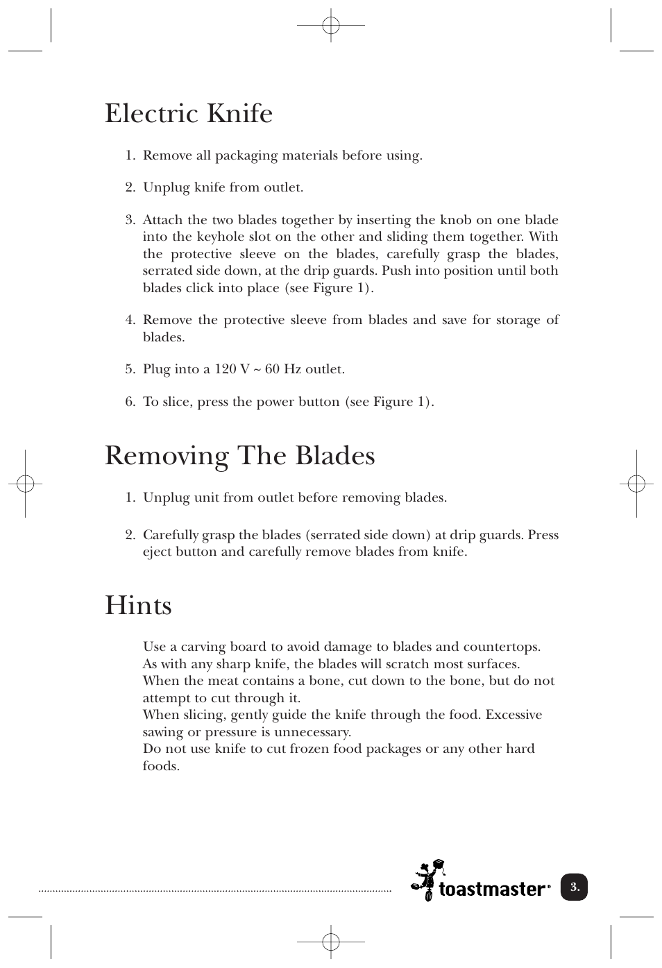 Electric knife, Removing the blades, Hints | Toastmaster 6102CAN User Manual | Page 4 / 7
