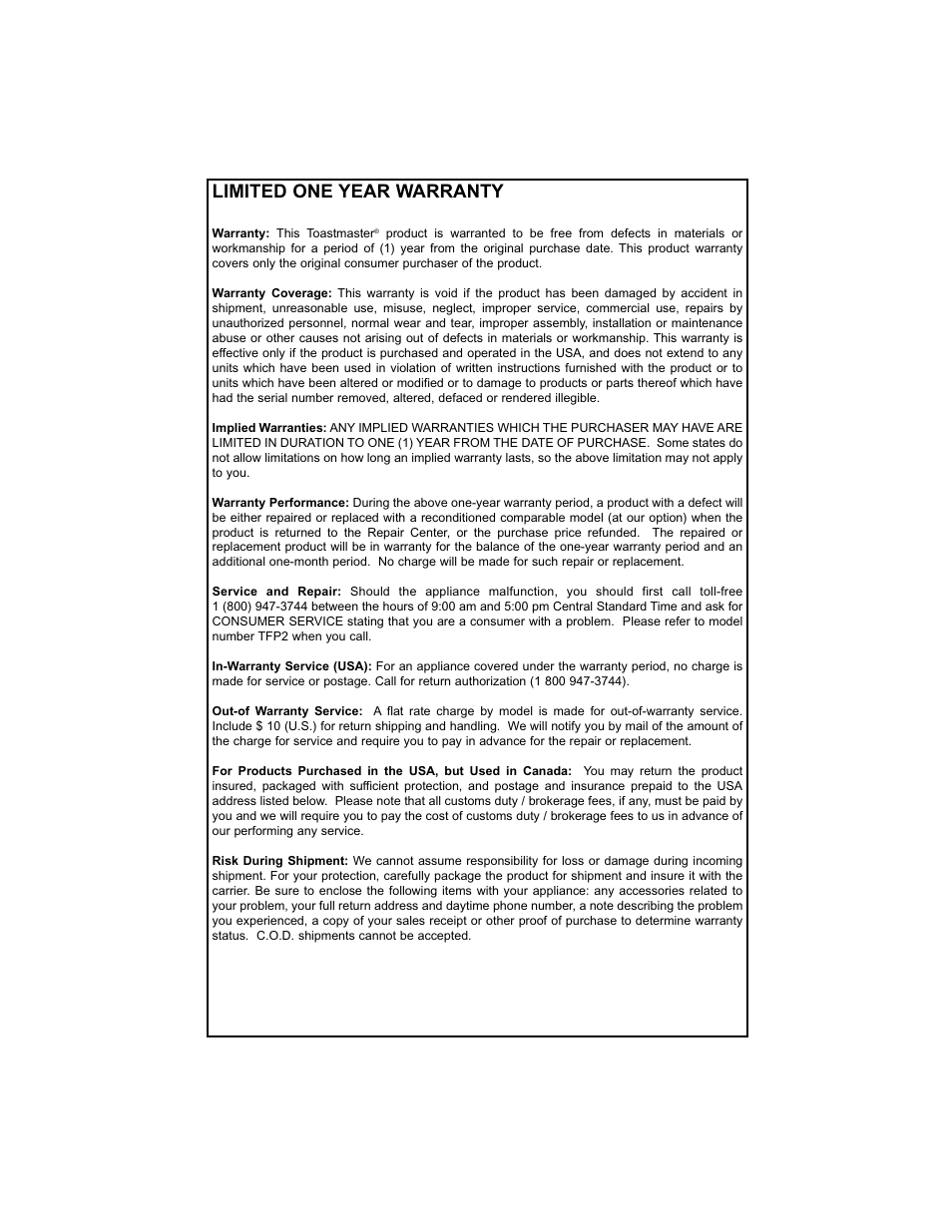 Limited one year warranty | Toastmaster TFP2 User Manual | Page 12 / 14