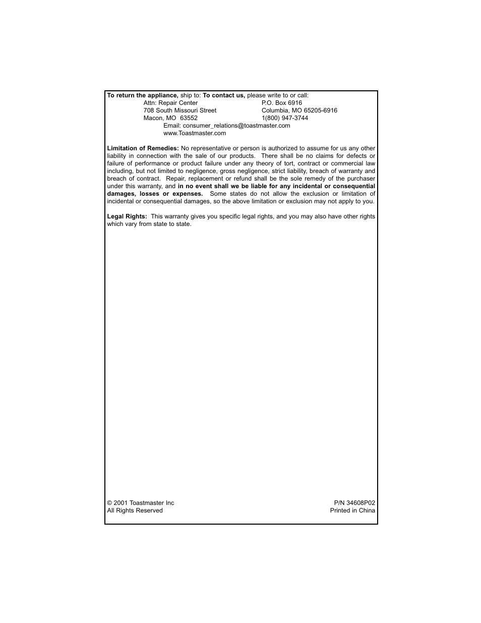 Toastmaster TFP2 User Manual | Page 13 / 14