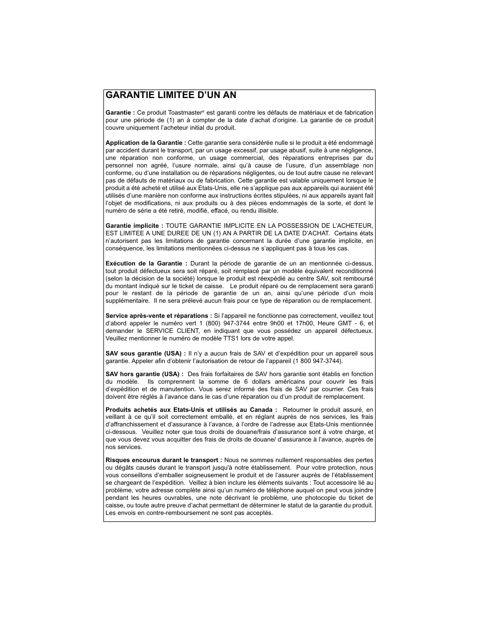 Garantie limitee d’un an | Toastmaster TTS1 User Manual | Page 15 / 24