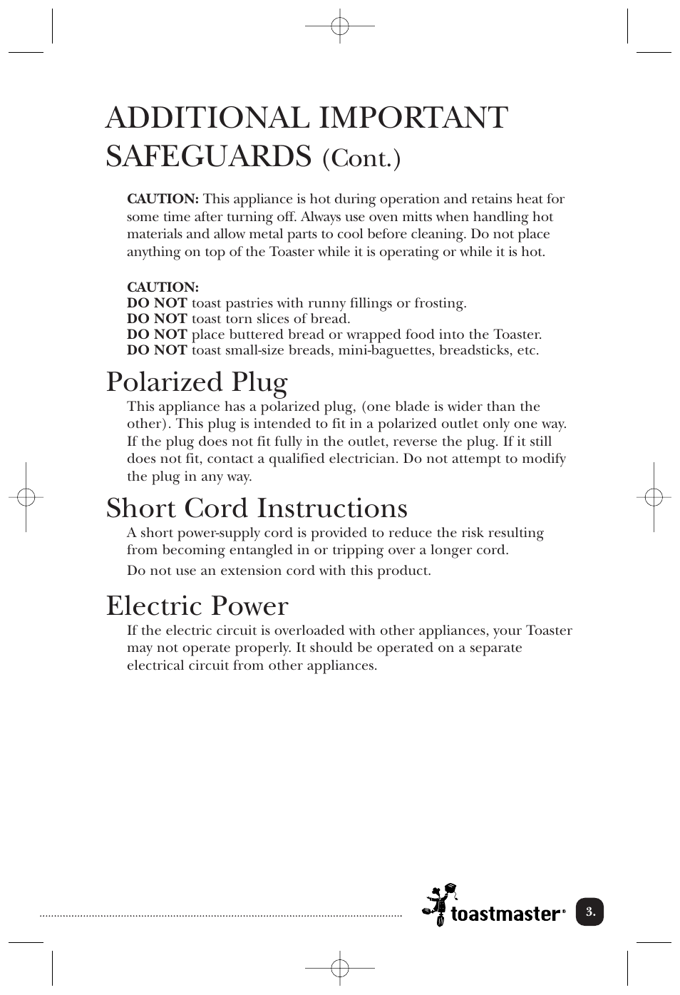 Additional important safeguards, Polarized plug, Short cord instructions | Electric power, Cont.) | Toastmaster TT4CTBW/TT4CTBB User Manual | Page 4 / 15