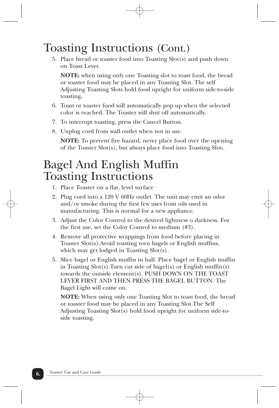 Toasting instructions, Bagel and english muffin toasting instructions, Cont.) | Toastmaster TT4CTBW/TT4CTBB User Manual | Page 7 / 15