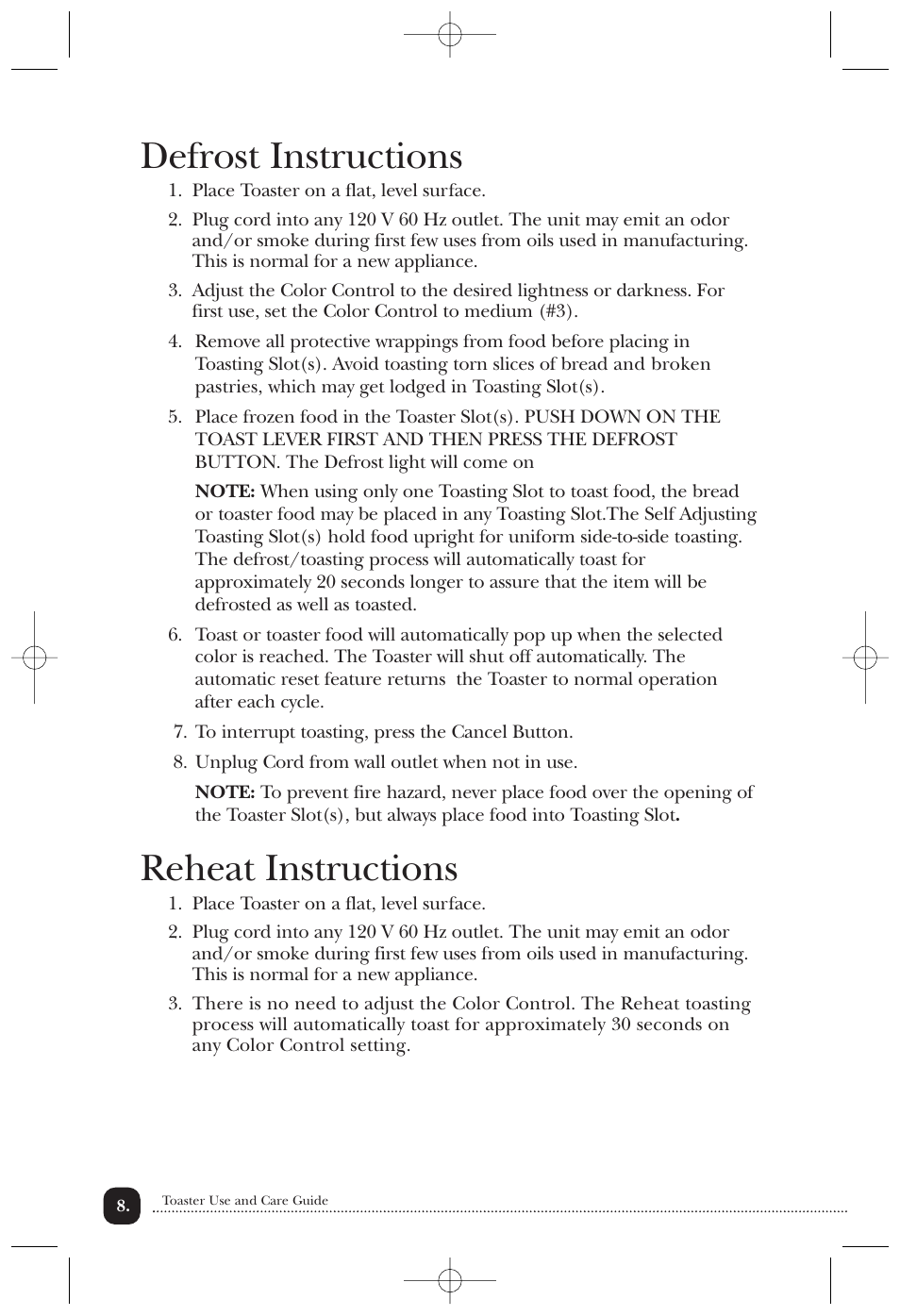 Defrost instructions, Reheat instructions | Toastmaster TT4CTBW/TT4CTBB User Manual | Page 9 / 15